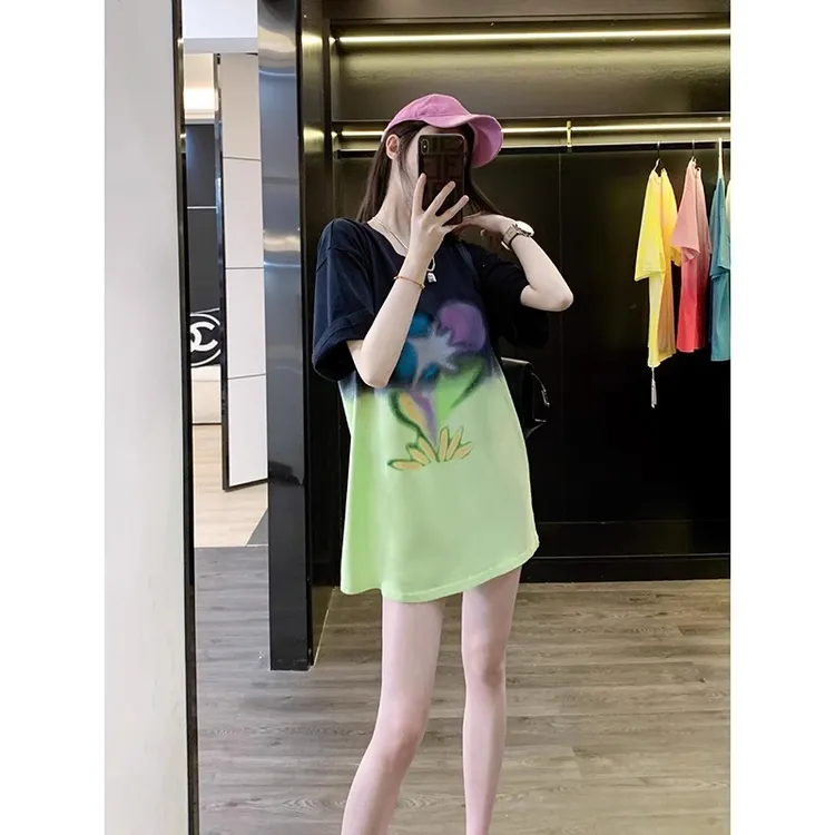 纯棉绿色短袖女t恤宽松2024新款设计感中长款洋气独特别致体恤