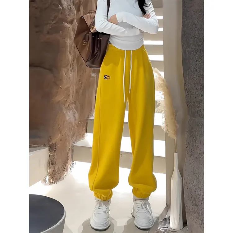 黄色加绒加厚运动裤子女款爆款2025新款宽松今年流行棉裤束脚卫裤