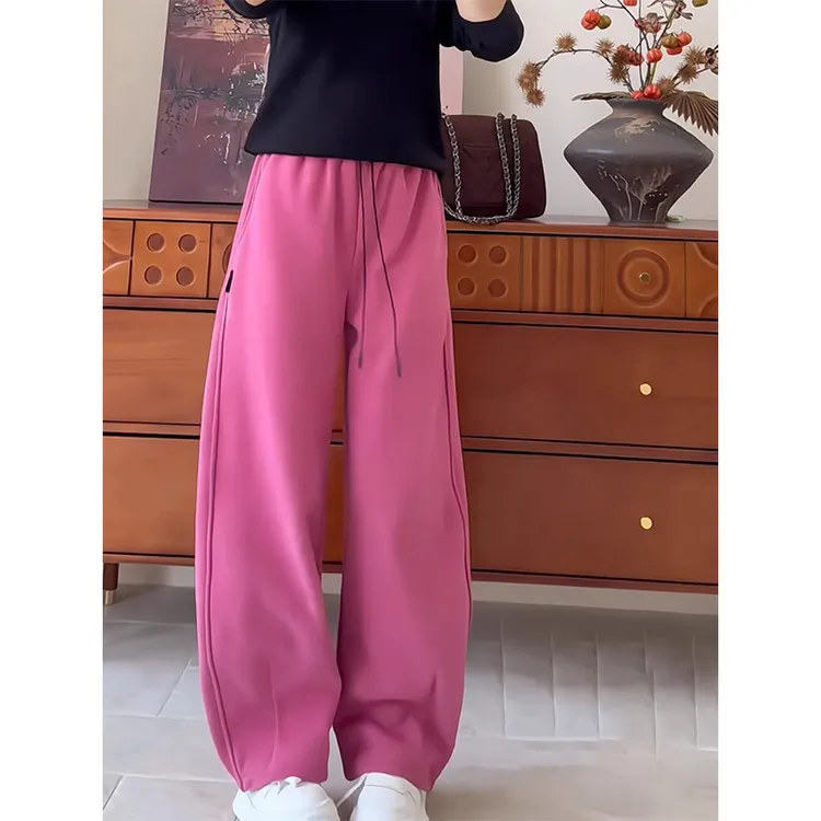 粉色加绒加厚运动裤子女款爆款2025新款慵懒今年流行弯刀裤阔腿裤