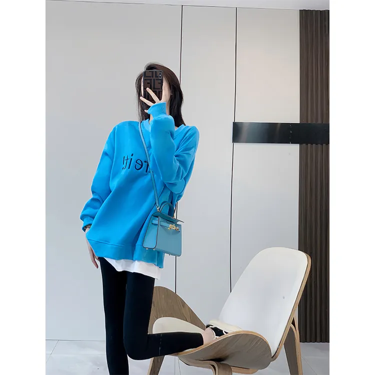 蓝色假两件卫衣女春秋款薄款2025新款爆款初秋圆领套头上衣服
