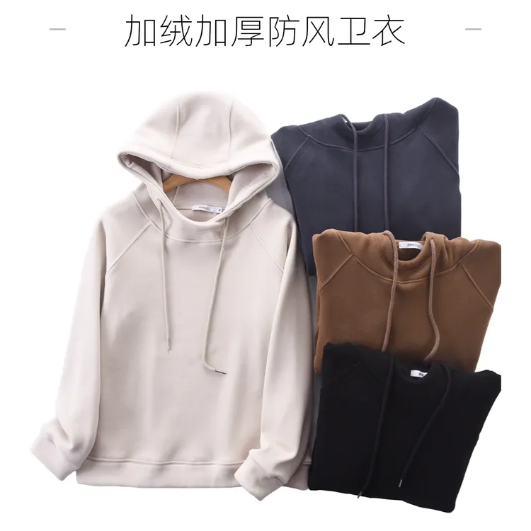 冬季插肩加绒加厚防风奥利绒美拉德简约卫衣绒衫连帽运动休闲新款