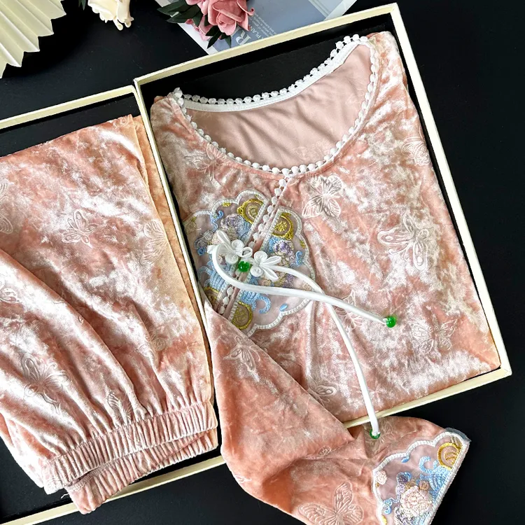 刺绣蝴蝶金丝绒传统新中式国风睡衣套头春秋长袖女家居服加大码