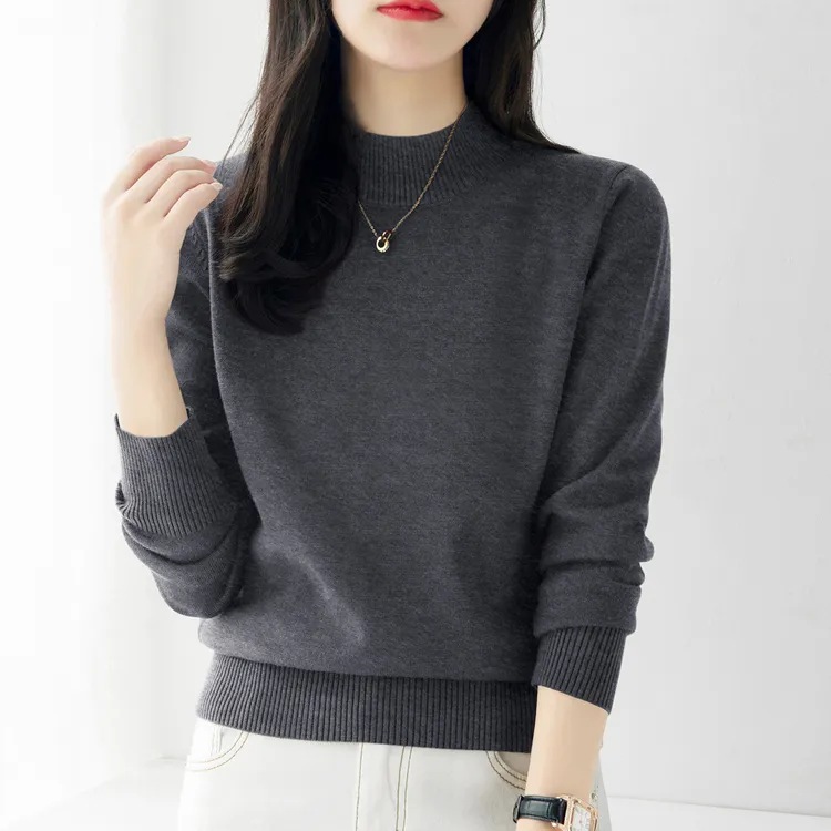 秋冬新款修身显瘦气质内搭打底上衣深灰色长袖针织衫女半高领毛衣