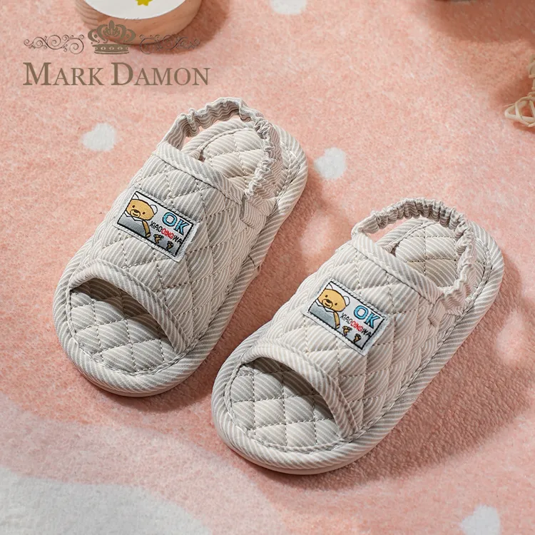 纯棉布艺卡通学步鞋1-2-3宝宝居家防滑静音家居室内地板拖鞋柔软