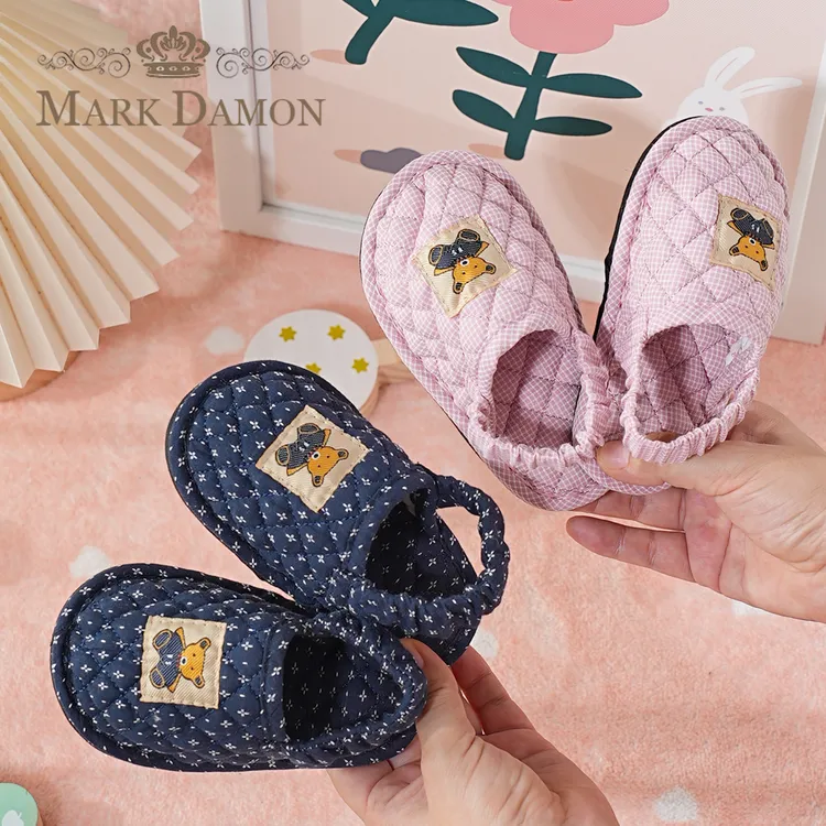 纯棉布艺卡通儿童包头1-2-3学步鞋秋冬保暖家居室内地板拖鞋静音