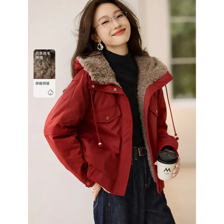 沫晗依美加厚保暖仿羊羔毛棉服外套2025冬季新款拼接连帽抽绳棉衣