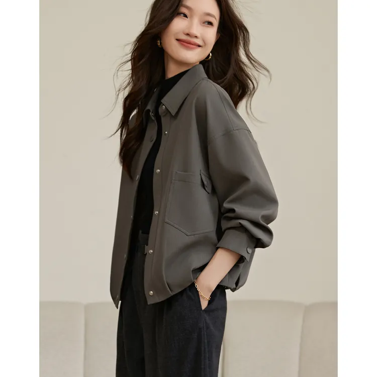 沫晗依美翻领工装风抽褶外套202年春季休闲设计感显瘦百搭外套女