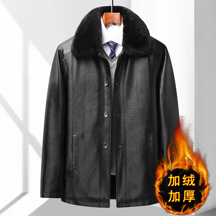 中老年皮衣男士加绒加厚冬装外套男休闲夹克爸爸装冬季翻领皮夹克
