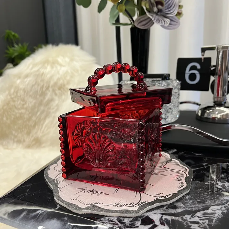 红宝石款个性手提带盖玻璃糖缸首饰收纳盒客厅茶几坚果罐糖果罐