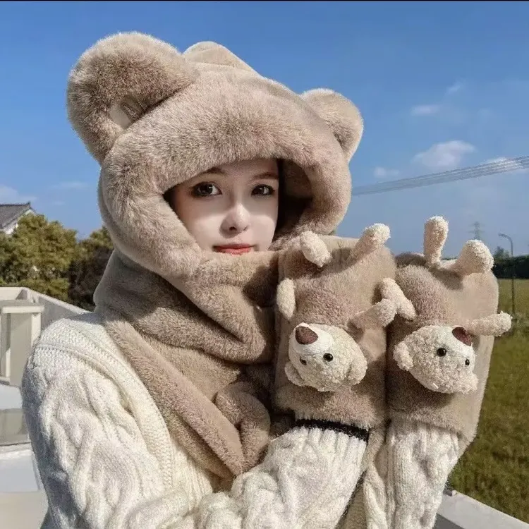 立体小熊帽子围巾手套一体女冬季加厚保暖护耳三件套毛绒一体连帽