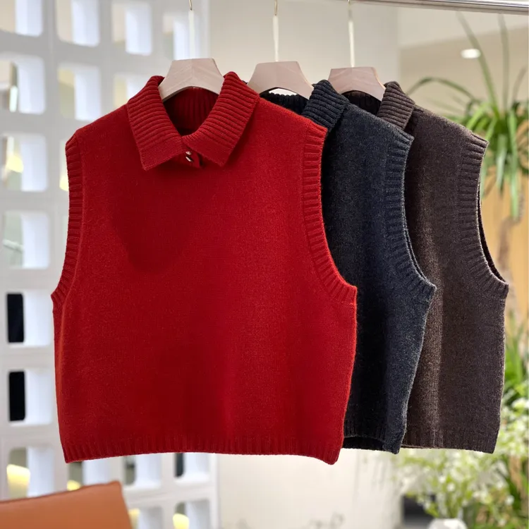 冬季叠穿羊毛马夹翻领衫秋冬宽松韩版无袖毛衣休闲红色100%羊毛衫
