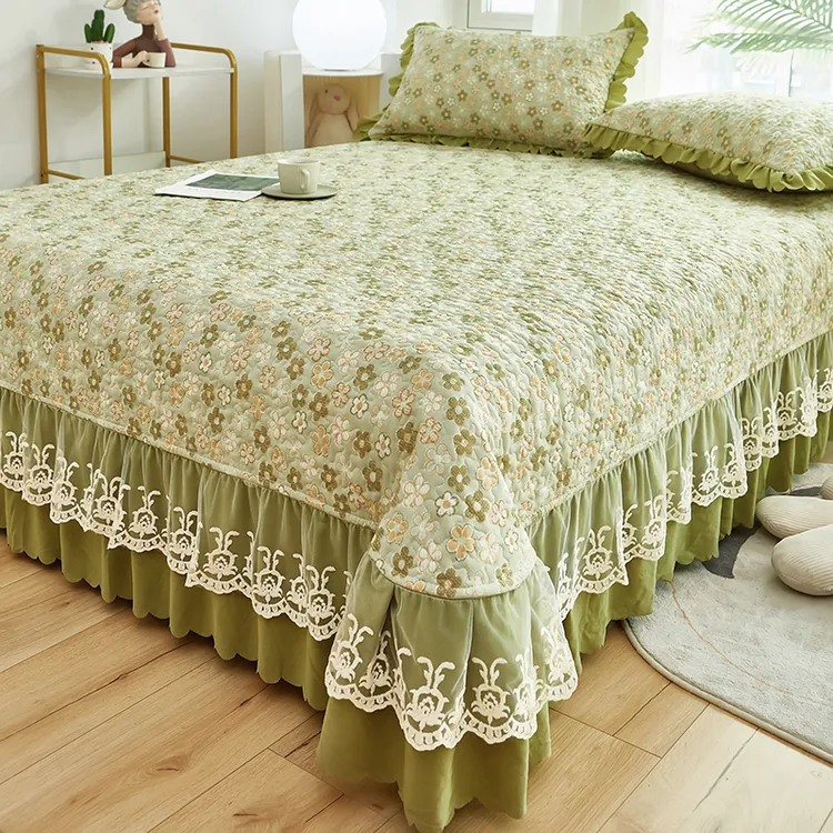 双层花边夹棉防滑床盖韩式床单加厚床裙床罩绗缝床单床盖四季通用