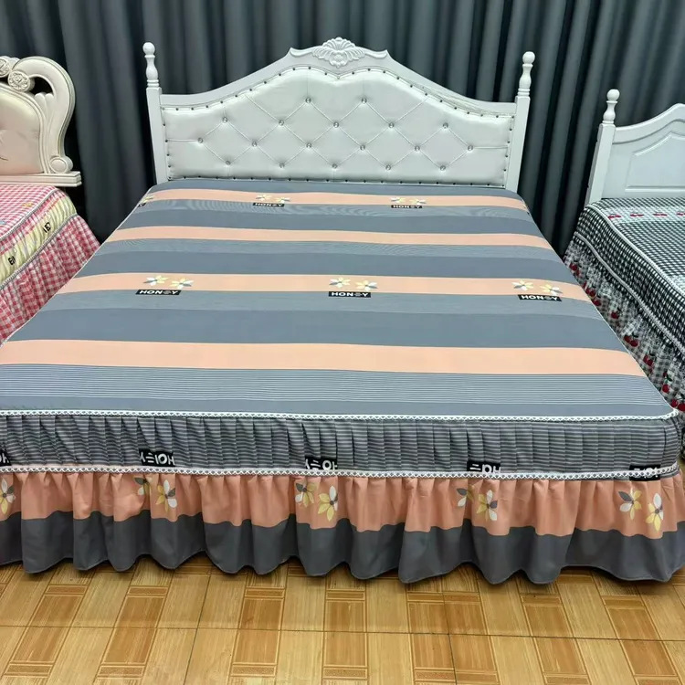 高端精品（灰色和粉色条纹）防滑加厚床裙款床罩