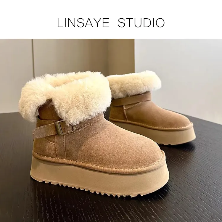 明星同款冬季皮毛一体加绒加厚短筒棉靴爆款保暖棉鞋厚底雪地靴