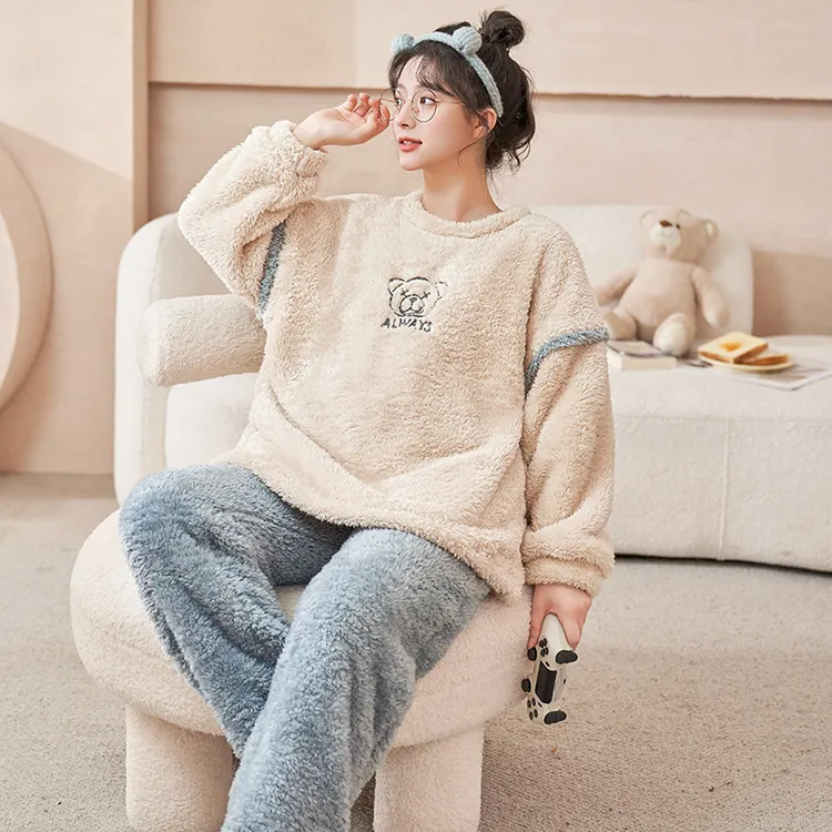 浪莎睡衣冬季女款珊瑚绒加厚休闲长袖可爱宽松法兰绒家居服套装可