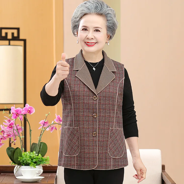 中老年女装春秋季新款马甲奶奶装上衣老人衣服妈妈装百搭格子马夹