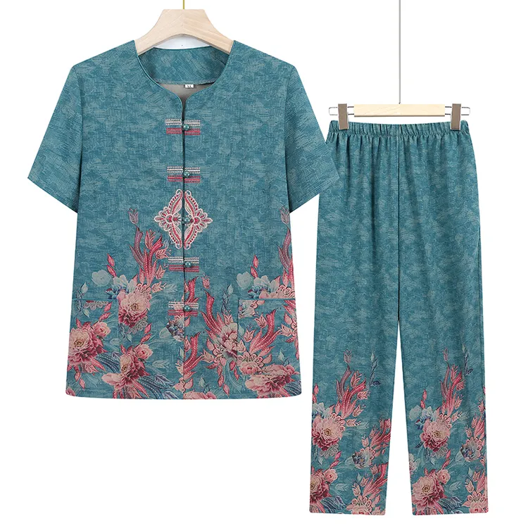 中老年女装夏装新款短袖套装洋气奶奶装绣花妈妈上衣老太太两件套