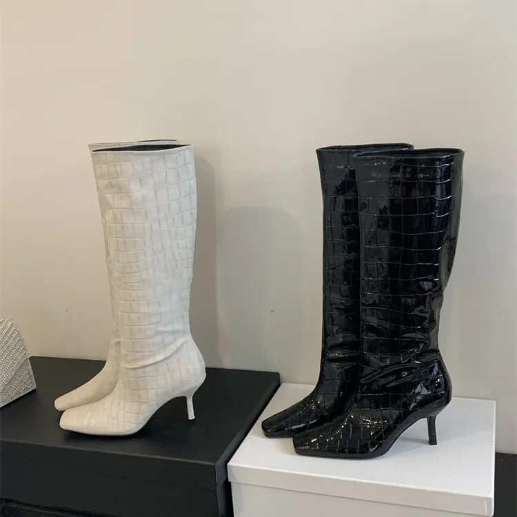网红爆款方头高跟白色骑士靴2024年秋新鳄鱼纹高筒显瘦长靴不过膝