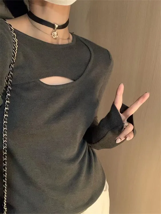 小心机性感镂空内搭打底衫女秋冬季设计感小众衫修身长袖上衣