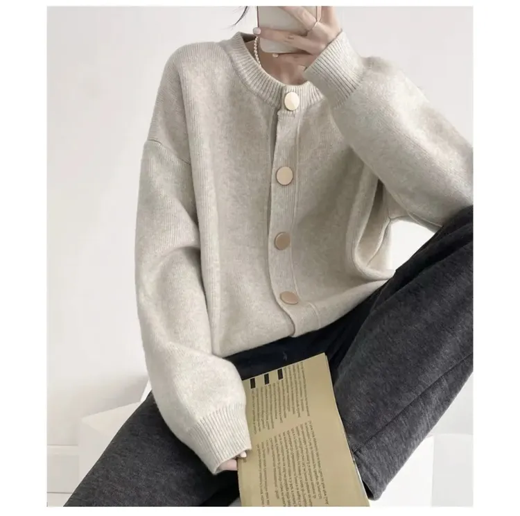 【原版纱】2025设计感单排扣纯色针织毛衣外套开衫慵懒宽松圆领