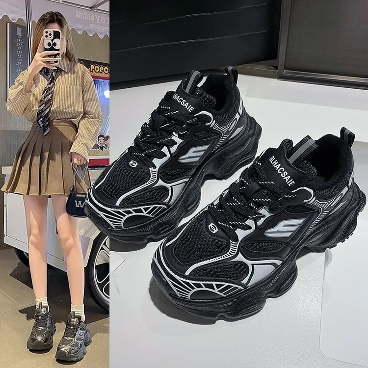 真皮巴黎炸街双网老爹鞋女ins潮2024春季新款百搭时尚休闲运动鞋