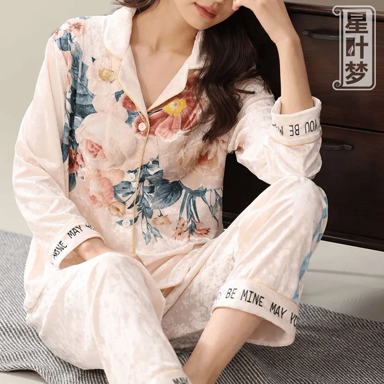 星叶梦轻奢专柜品质雪花金钻绒金丝绒春秋冬新款套装家居服睡衣女
