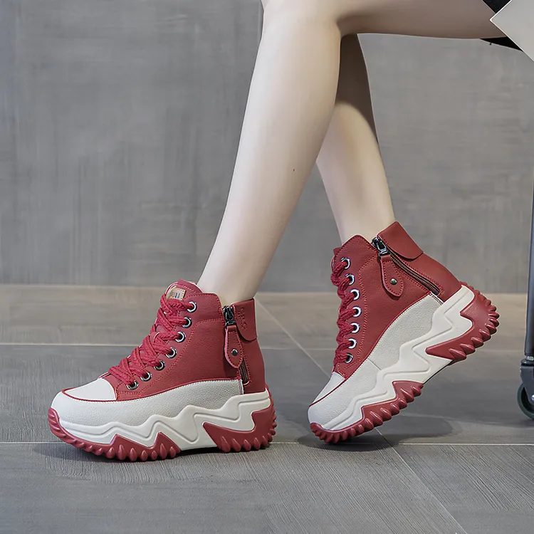头层牛皮增高厚底高帮老爹鞋2025秋季新款小白鞋女运动休闲加绒鞋