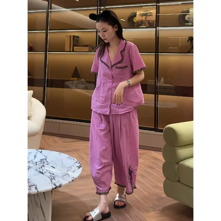 小众轻奢女花边慵懒风翻领舒适时尚家居服套装宽松可外穿气质薄款
