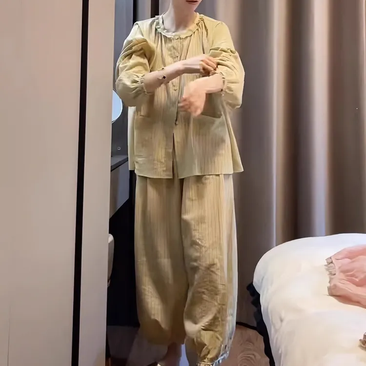 2025春秋季爆款长袖睡衣灯笼裤减龄懒惰风韩版中年时尚家居服套装