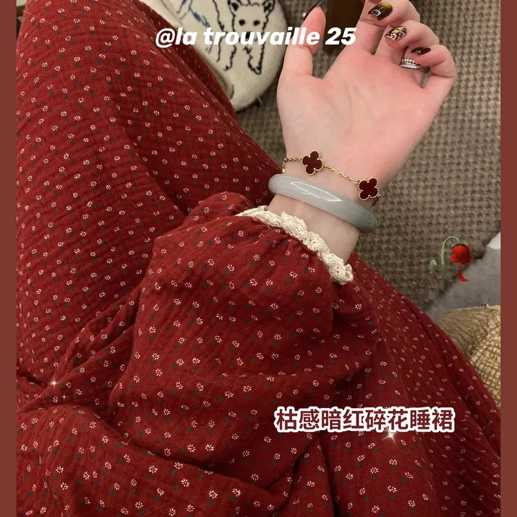 全棉大红碎花中长款长袖睡裙春秋季纯棉宽松大码甜美睡衣女家居服