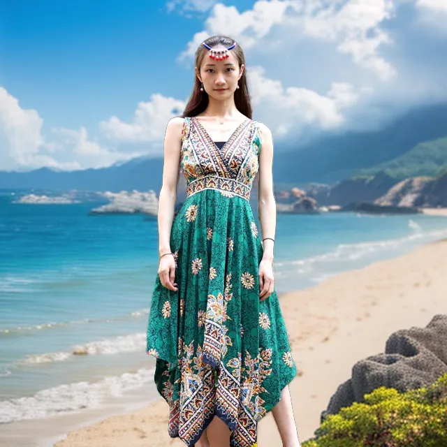 手工钉珠连衣裙四角裙异域风情民族风气质女装连衣裙不规则吊带裙