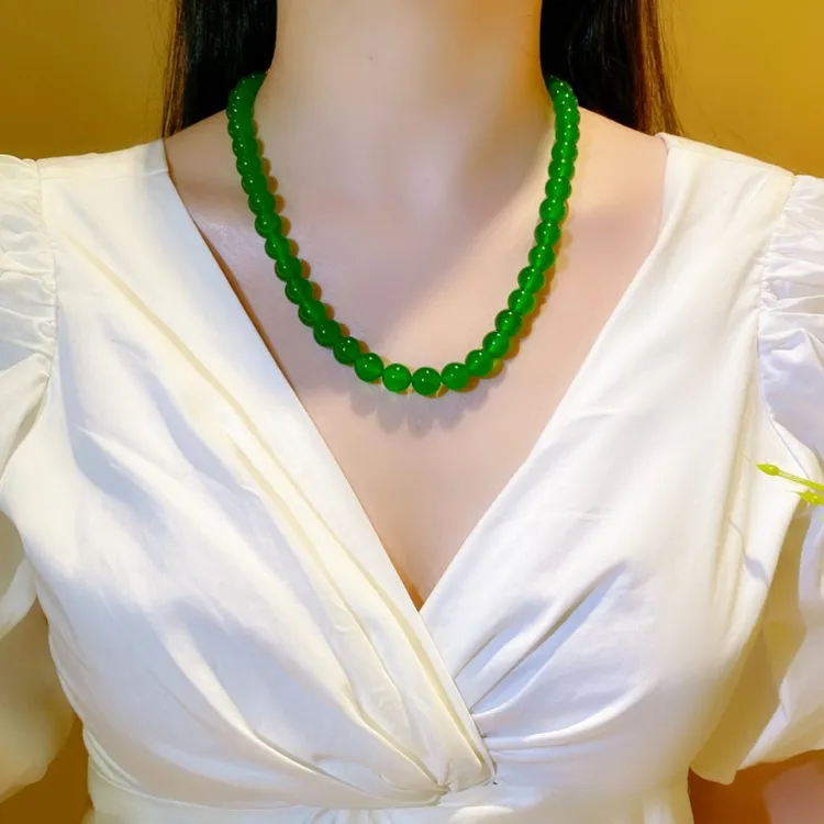 QIAOZUN/巧尊天然玉髓项链10mm长45cm高品质绿色颈链珠链时尚冰透