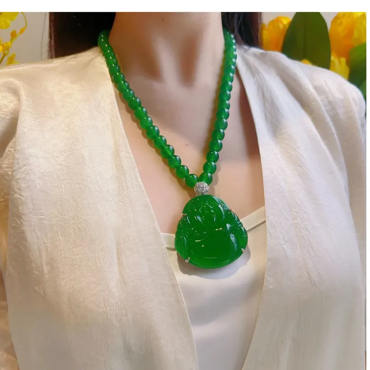 QIAOZUN/巧尊天然玉髓大佛珠链吊坠高品质毛衣百搭款辣色冰透大气