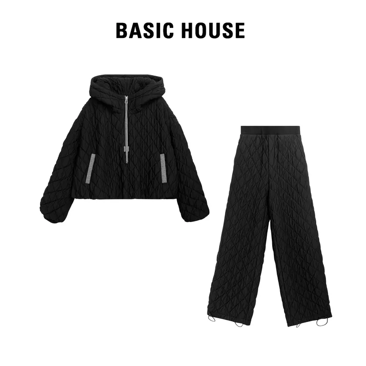 Basic House/百家好24秋冬新款设计师休闲显瘦菱形格棉服套装