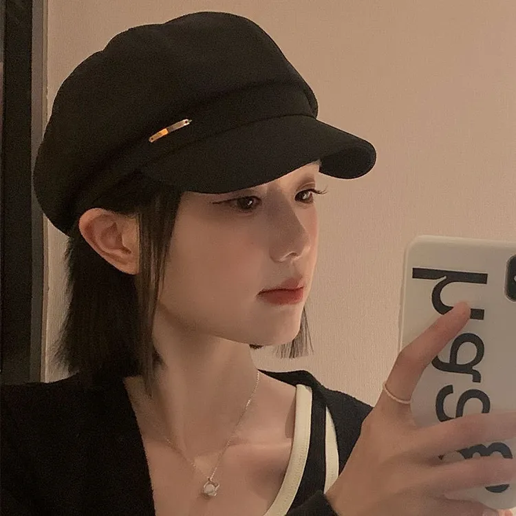 黑色贝雷帽女秋冬季ins网红百搭帽子日系大头围显脸小八角画家帽