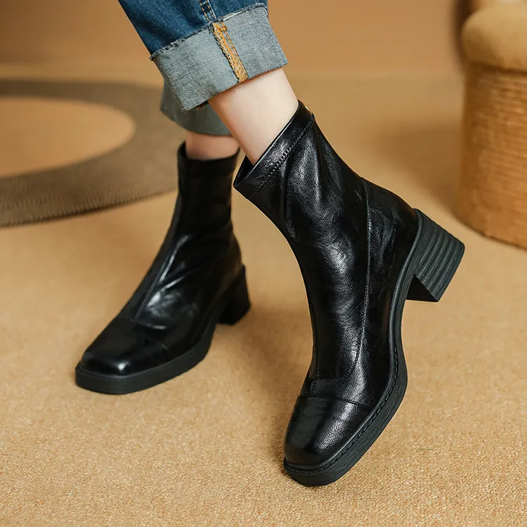 跟高5.5cm/秋冬新款粗跟短靴女中跟厚底弹力靴方头高跟瘦瘦靴