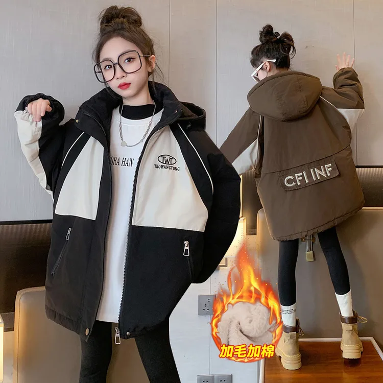 女童派克服冬季加绒加厚2025新款6-12岁15岁中大儿童休闲棉衣外套
