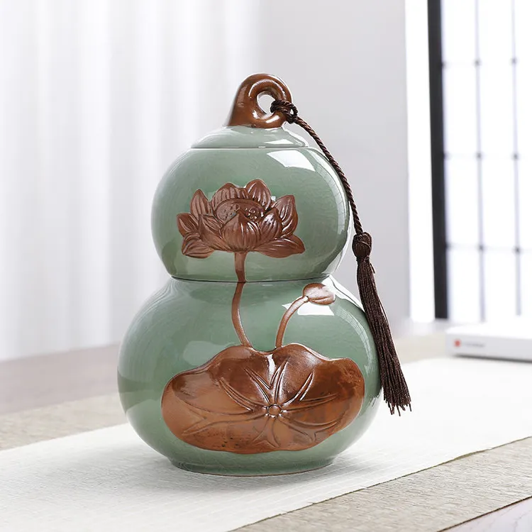 传世哥窑开片葫芦双层密封茶叶罐储物罐储存罐糖果罐复古高档摆件