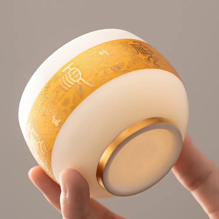 《事事顺》手工描金羊脂玉顺顺杯主人杯品茗杯高档送礼伴手礼