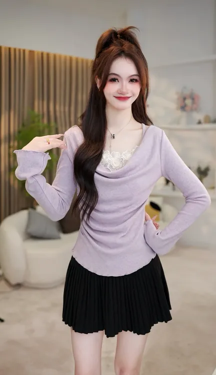 拼接假两件花朵吊带长袖女秋冬修身褶皱小众设计感短款绝美上衣