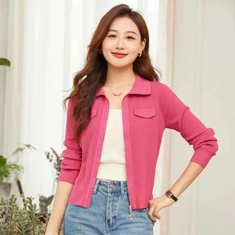 2025春秋莱赛尔天丝针织衫女长袖拉链开衫休闲显瘦毛衫外套上衣