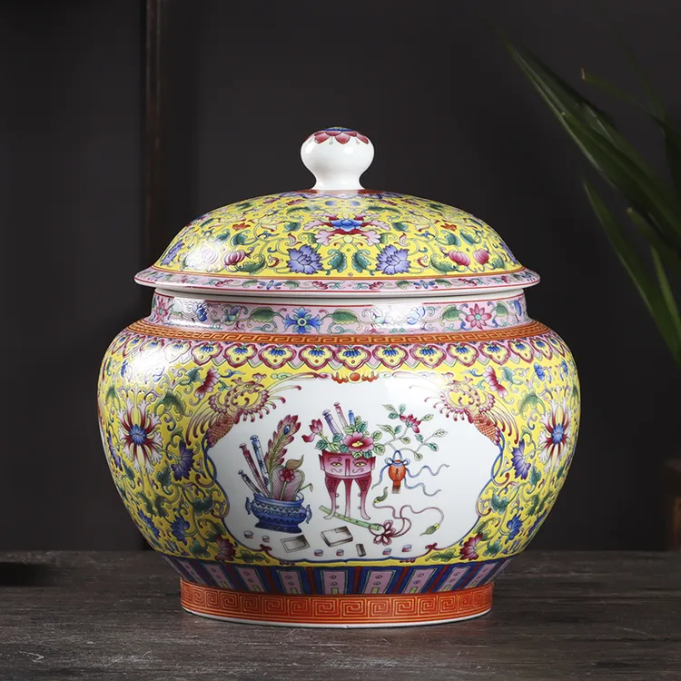 景德镇珐琅彩高档装饰摆件多功能储物罐米面缸家用带盖防潮防虫霉