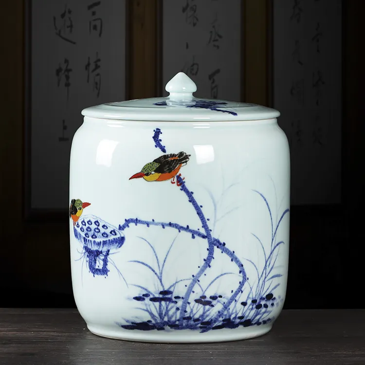 景德镇陶瓷米缸储物罐茶饼散茶收纳密封防潮虫家用带盖装饰品摆件