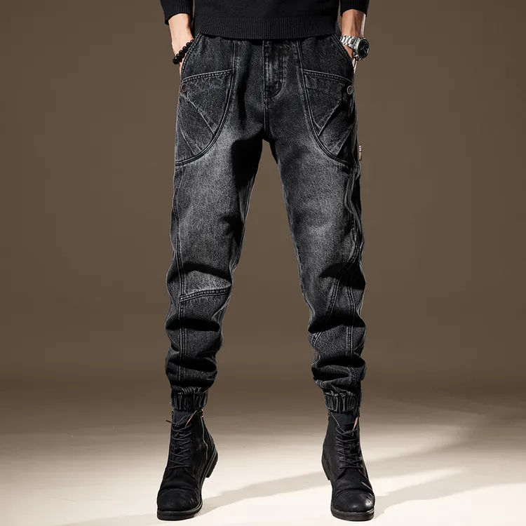 高端美式复古哈伦牛仔裤子男秋季新款潮牌拼接水洗宽松休闲束脚裤