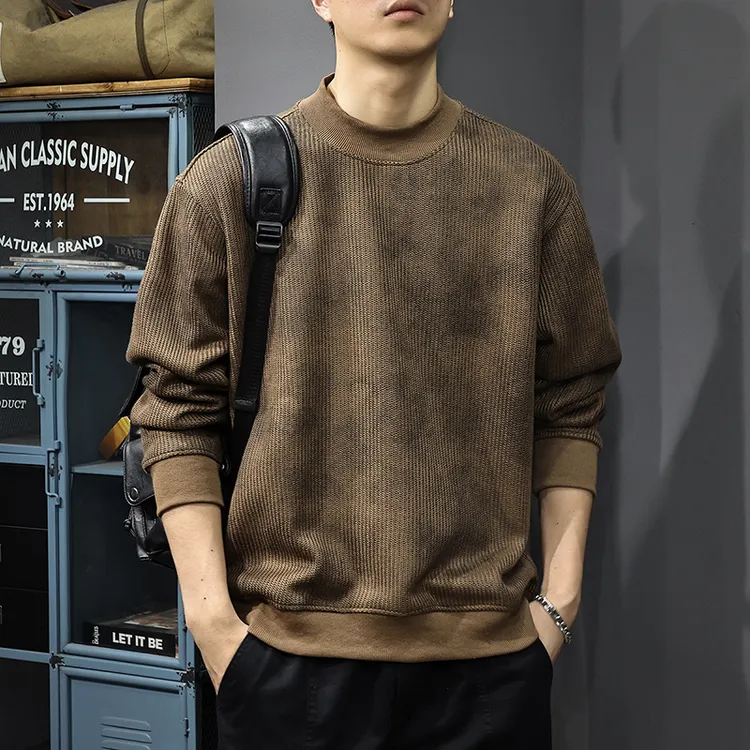 秋季新款痞帅废土风圆领卫衣男美式复古重磅上衣肌理感针织打底衫