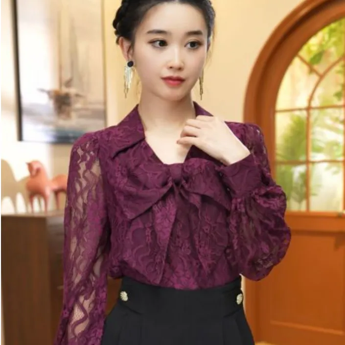 现货【范有名自制】独特别致小衫蕾丝高级感蝴蝶结加绒衬衫FC3084