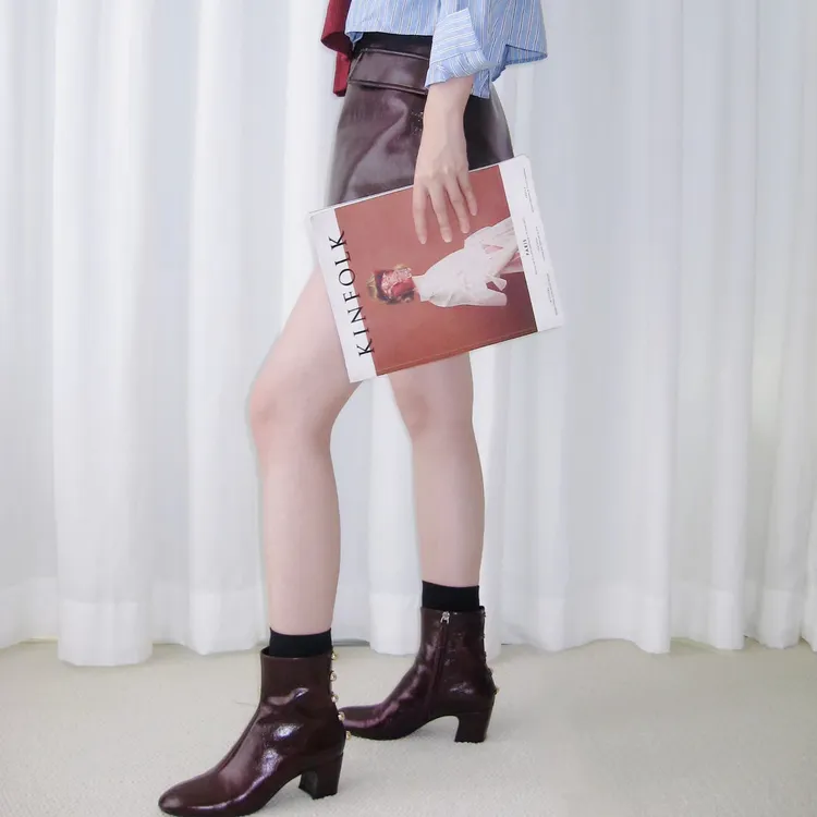 ElegiFemme2024原创Gina秋季新款羊反绒尖头高跟显高复古法式短靴