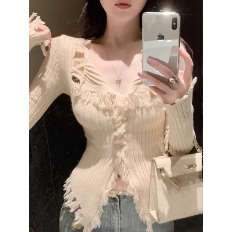 【现货】纯欲风设计感毛边V领毛衣女秋冬新款修身显瘦开衫上衣E2-10