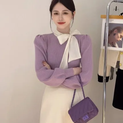 现货】秋冬新款法式蝴蝶结针织打底衫女韩系别致上衣温柔毛衣A9-29