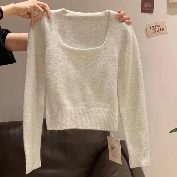 2026秋冬方领露锁骨法式掐腰甜美针织衫修身显瘦短款女上衣A3-17